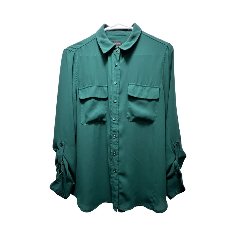 Investments Semi-Sheer Collared Button Down Shirt w/ Long Rolled Button Sleeve